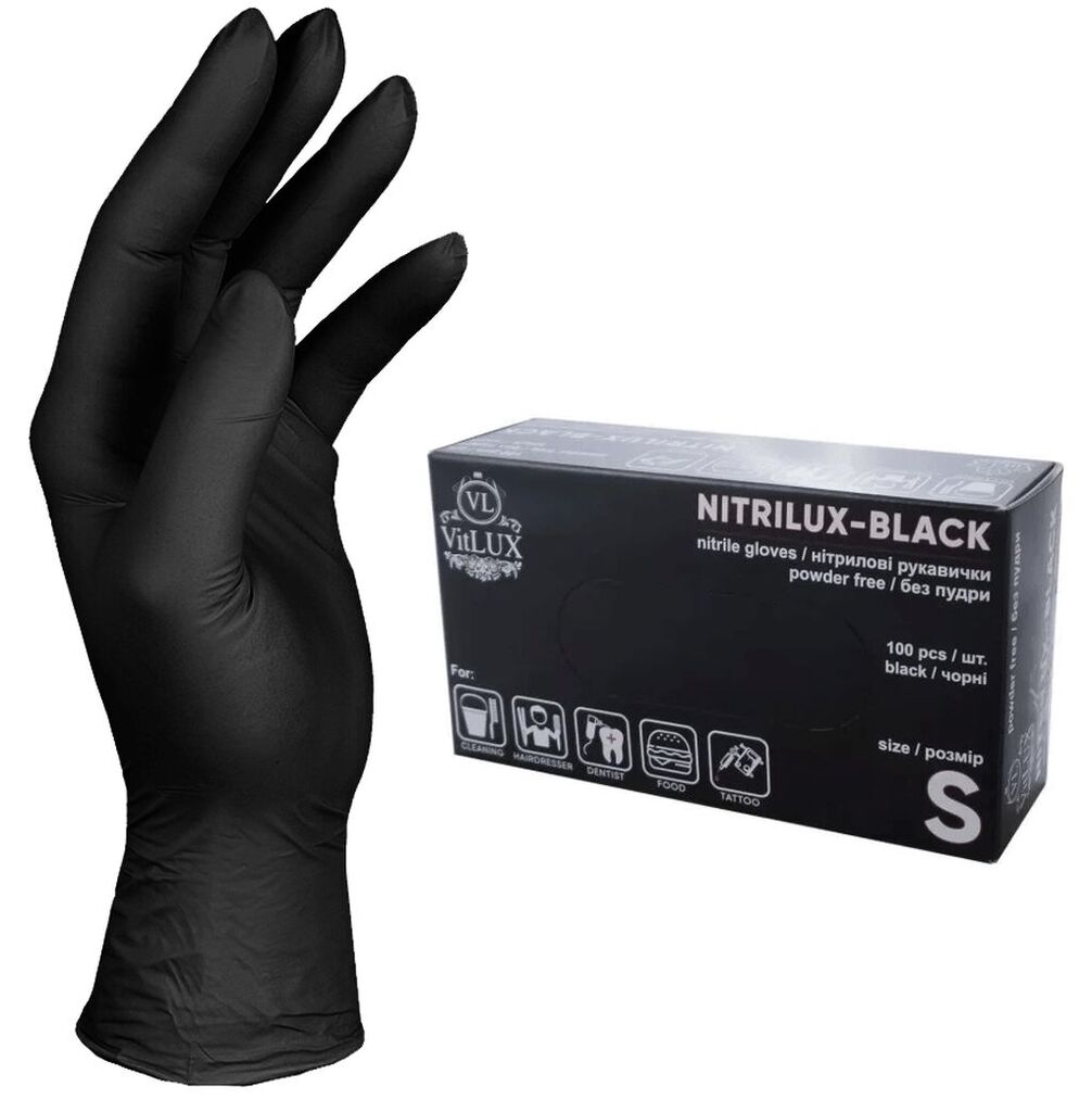 Рукавички нітрилові VitLUX Nitrilux black, розмір S, 100 шт.