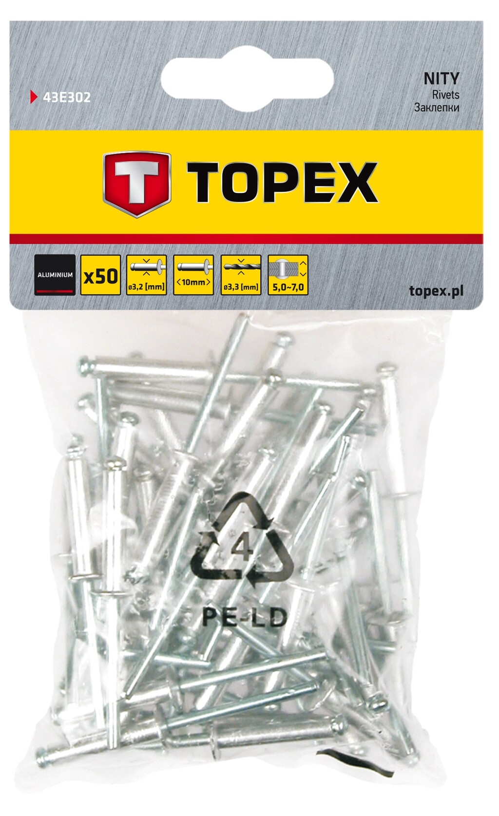 Заклепки алюмiнiєвi Topex 43E302 3.2 мм x 10 мм, 50 шт.*1 уп.