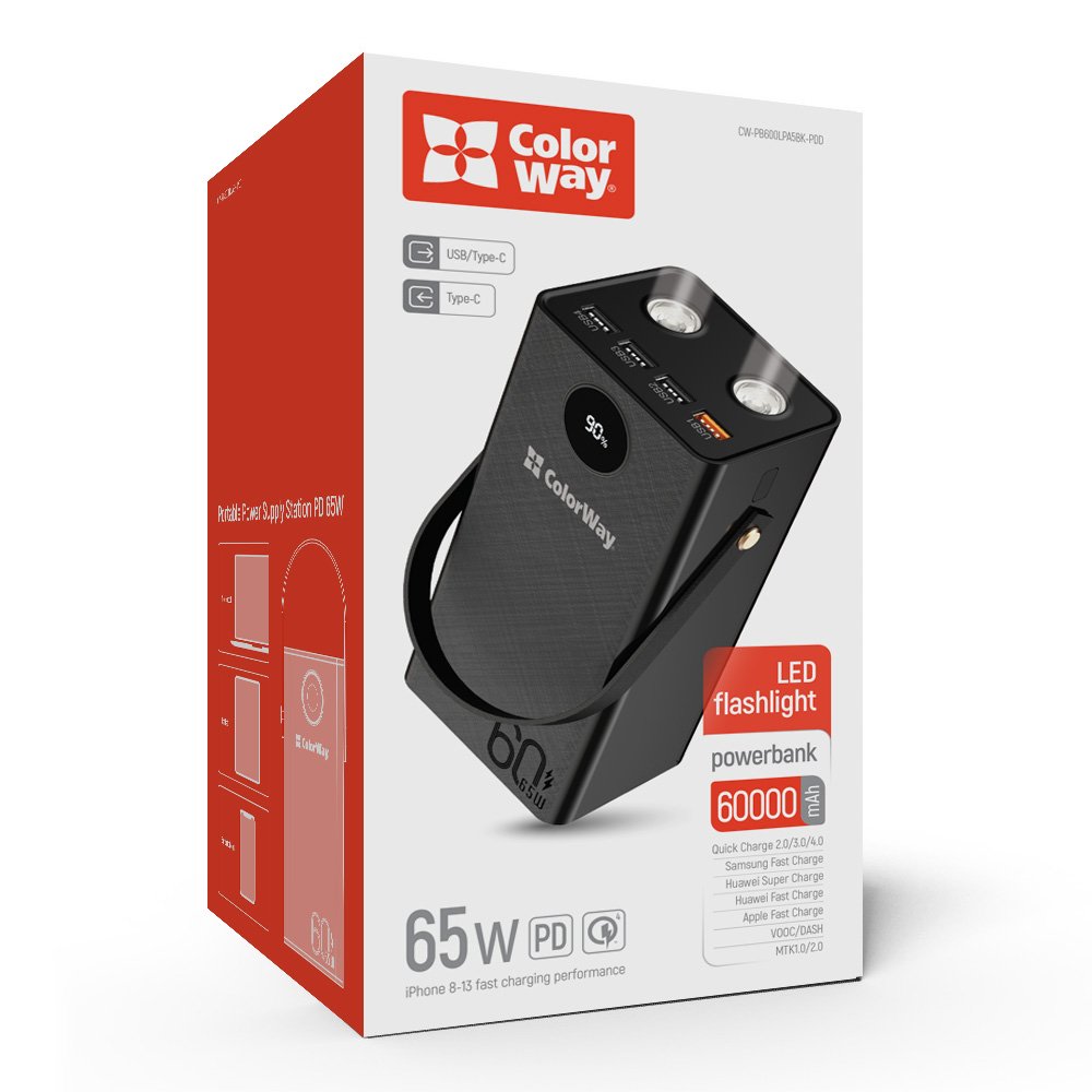 Універсальна батарея ColorWay 60000 mAh Powerful (USB QC3.0 + USB-C 65W) Black (CW-PB600LPA5BK-PDD)