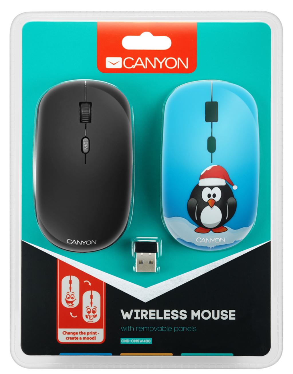 Мишка Canyon CND-CMSW400PG Wireless, Black + змінна панель "Penguin"
