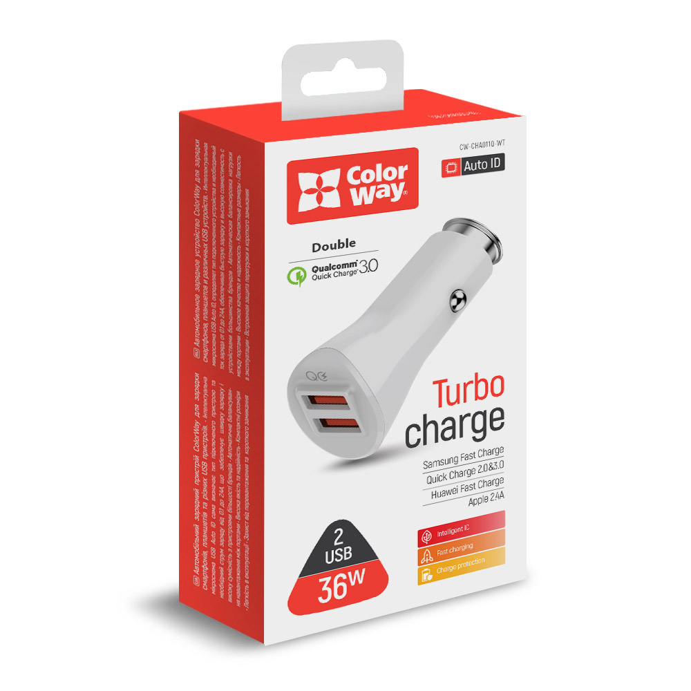 Автомобільний зарядний пристрій Colorway 2USB Quick Charge 3.0 (36W) білий (CW-CHA011Q-WT)