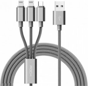 Кабель Rock 3 in 1 charging cable w/ version A/USBA TO lightning+lightning+micro/ 1,2 M Tarnish