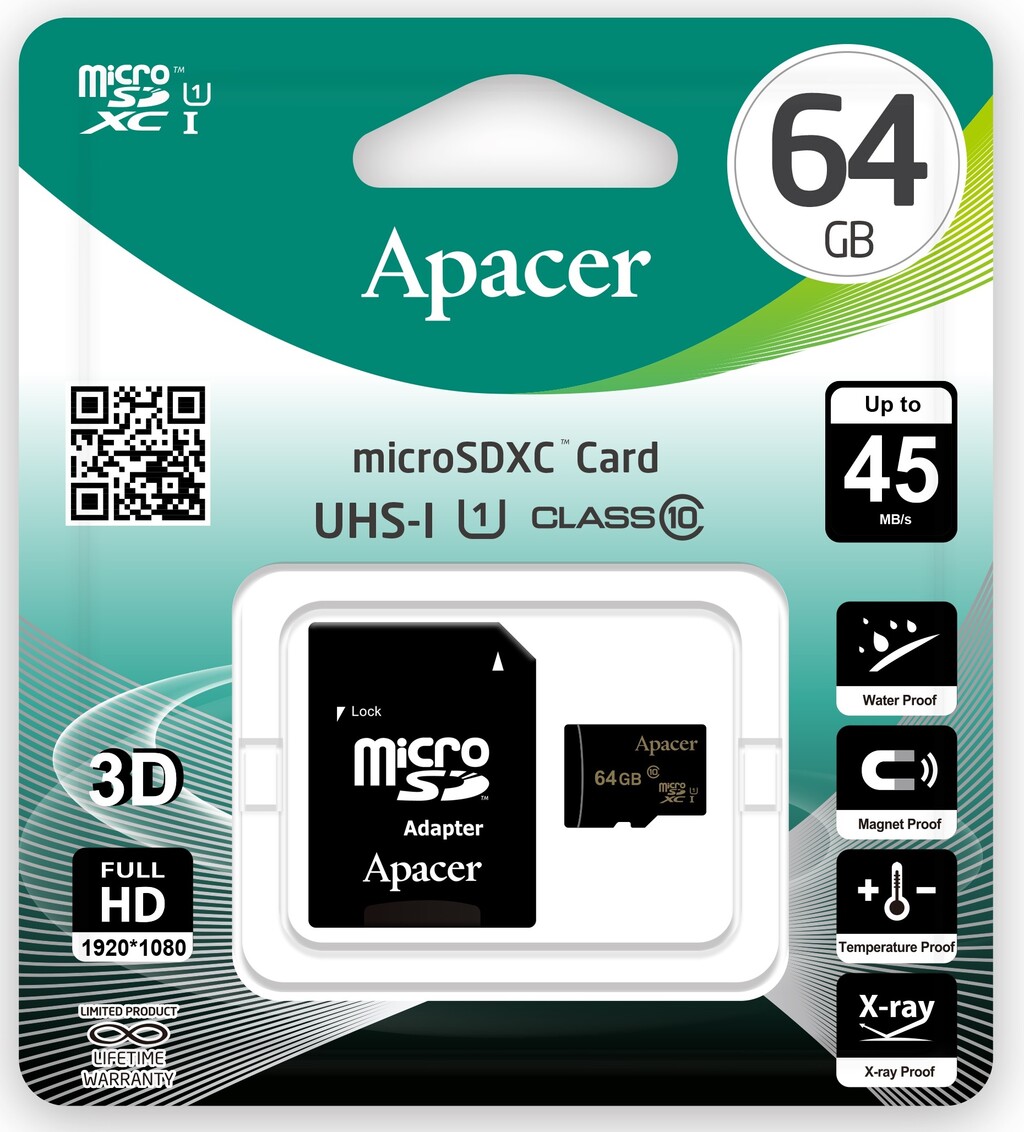 Карта пам'яті Apacer microSDXC 64Gb UHS-I U1+adapter