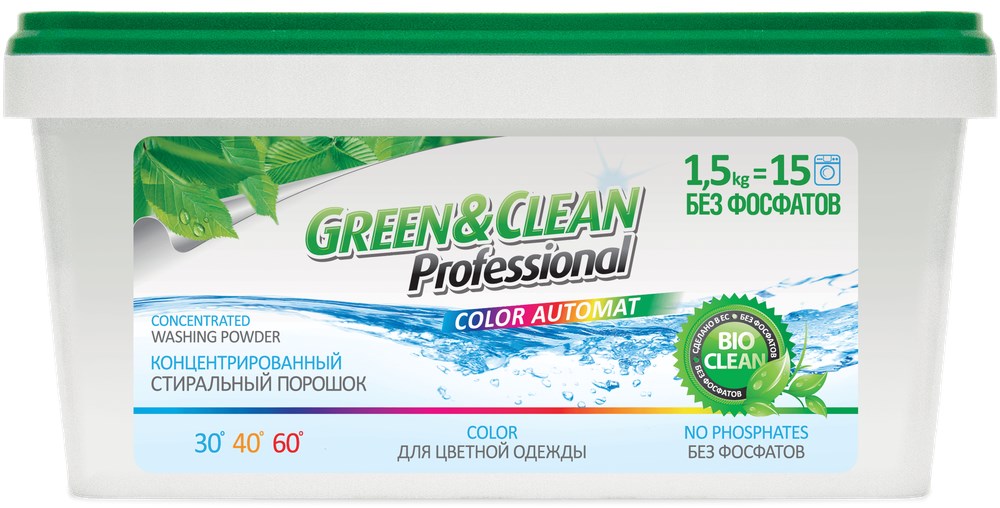 Пральний порошок безфосфатний Green&Clean для кольорового одягу відро, 1,5 кг (15прань)
