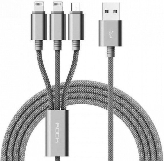 Кабель Rock 3 in 1 charging cable w/ version A/USBA TO lightning+lightning+micro/ 1,2M Tarnish